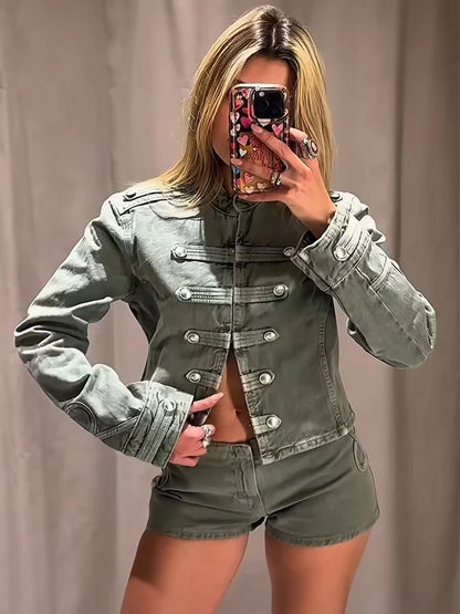 TFMLN Women Casual Denim Jacket Coat 2026 Spring Autumn Long Sleeve Stand Collar Short Coat Female Button Decor Crop Top