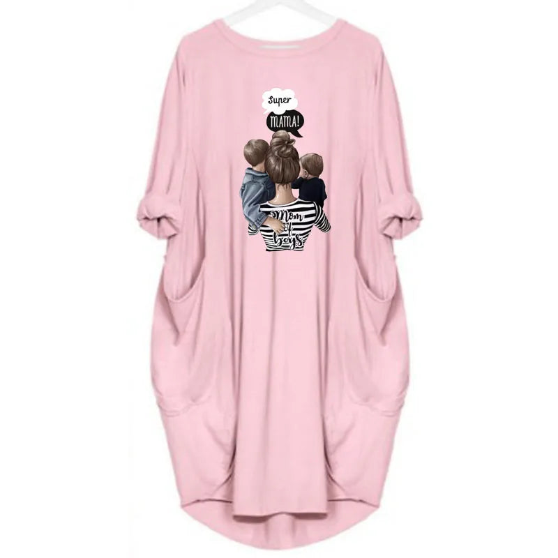 Women's Loose  Long Sleeved Summer Plus Size Dress Autumn  Winter Casual Round Neck Solid Color Long Sleeve Pocket Loose Pullove