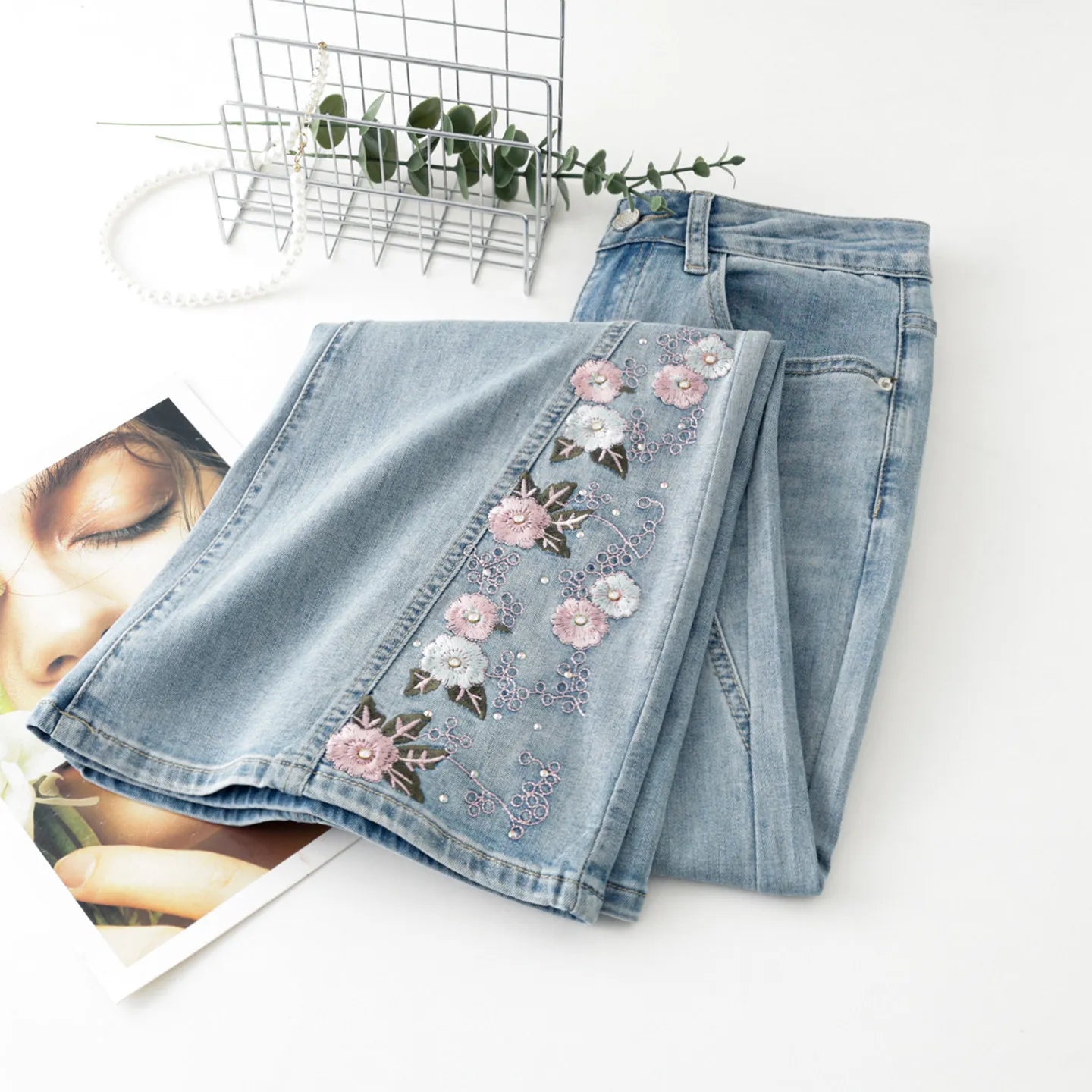 ZJYT Floral Embroidery Flared Jeans Women High Street Fashion Spring Summer Blue Denim Pants Trousers Casual Female Bottoms 2026