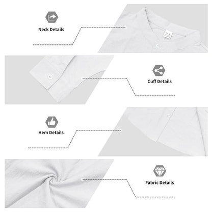 Men White Linen Button Down Long Sleeve Shirt Mandarin Collar Chest Pocket Roll Tab Cuff Loose Oversized Breathable Textured Beach Vacation Casual Holiday Top
