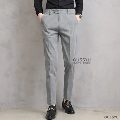 England Stripe Pattern Formal Dress Slim Fit Pants Men Summer Thin Light Gray Black Breathable Skinny Casual Trousers Male