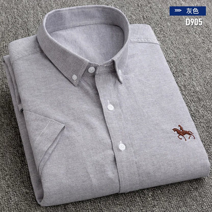 New Men's Social Shirt Short Sleeve 100% Pure Cotton Oxford Soft Buttoned Plaid Formal Male Clothes Pocket Social Shirt S-7XL