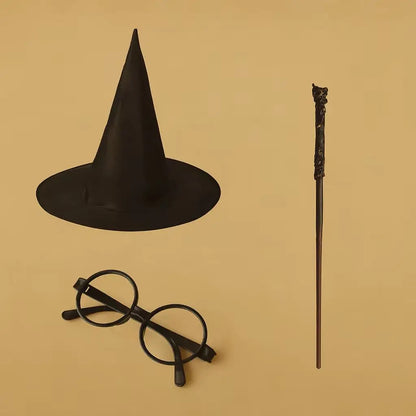 Halloween Wizard Costume Accessory Set Black Witch Hat Round Glasses Magic Wand Cosplay Props for Harry Potter Themed Party Fanc