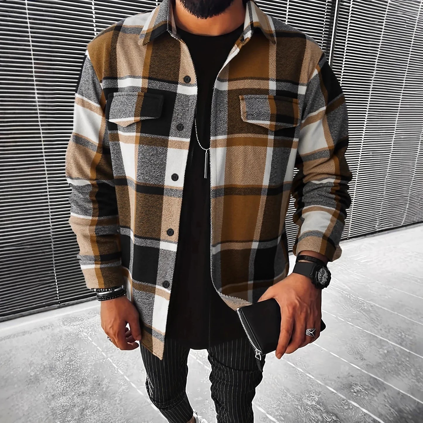 Men's Casual Plaid Shirt Jacket Autumn Winter New Style Flannel Outerwear Loose Fit Male