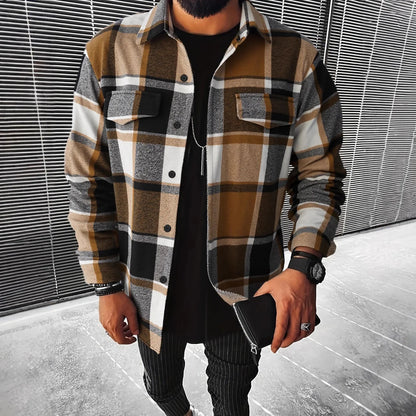 Men's Casual Plaid Shirt Jacket Autumn Winter New Style Flannel Outerwear Loose Fit Male