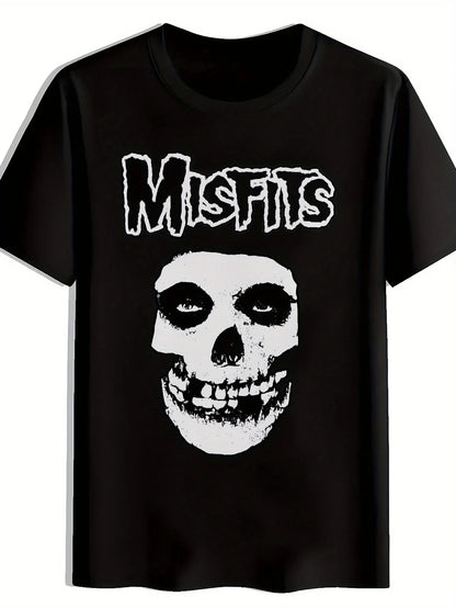 Men Black "Misfits" Graphic T-Shirt Vintage Rock Band Design Short Sleeve Round Neck Casual Summer Tee for Music Fans