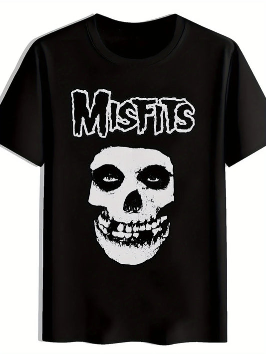 Men Black "Misfits" Graphic T-Shirt Vintage Rock Band Design Short Sleeve Round Neck Casual Tee