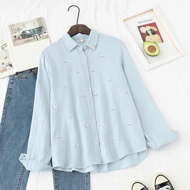 2026 Spring Autumn New Fresh Cotton Yarn Ladies Long Sleeve Shirt Flower Embroidered Women's Casual Shirt Female Blouse Clothes