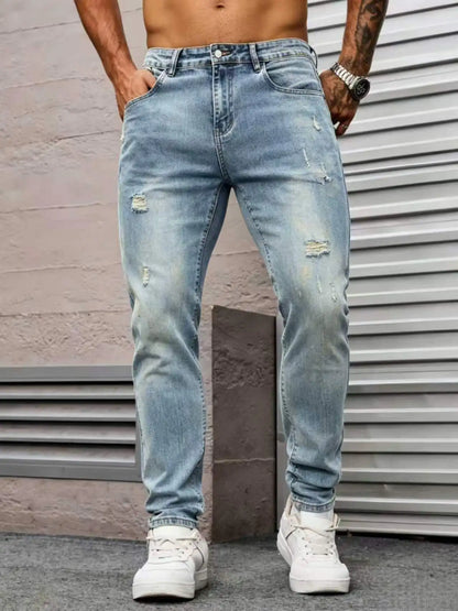 Men's Slim Fit Light Blue Jeans, Ripped Stretch Denim Pants, Casual Straight Leg Washed Jeans,