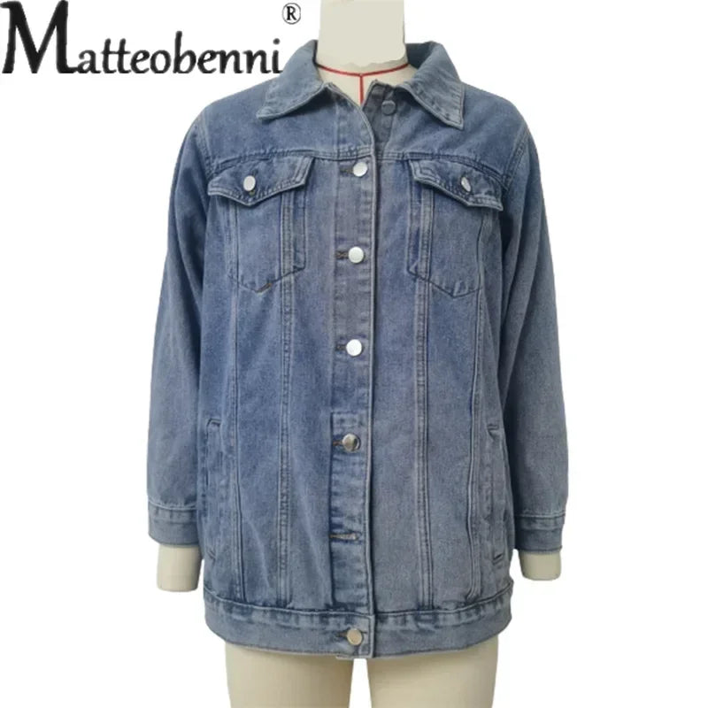Vintage Denim Jacket Women Autumn Winter Loose Lapel Single-breasted Cardigan Coat Ladies Fashion Casual Commuter Outerwear 2024