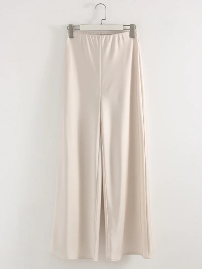 Streamgirl Summer Satin Pants For Women Wide Leg Beige Silk Trousers Long Straight Leg Luxury Pants For Summer Women Elegant