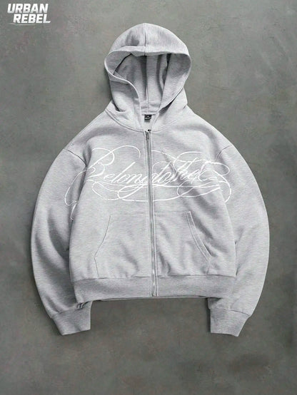Autumn Streetwear Cropped Zip Up Hoodie Men Letter Graphic Print Front Pocket Oversized Loose Sweatshirt Casual Daily Wear 2026