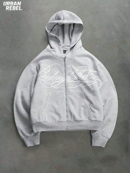 Autumn Streetwear Cropped Zip Up Hoodie Men Letter Graphic Print Front Pocket Oversized Loose Sweatshirt Casual Daily Wear 2026