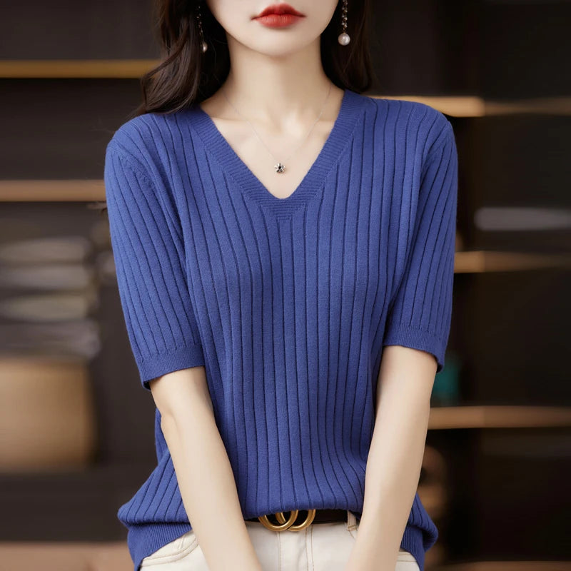 Women's Sweater Spring Summer Short Sleeve V-neck Knit Shirt Casual Pullovers Stripe Bottoming Shirt Slim Fit Jumpers