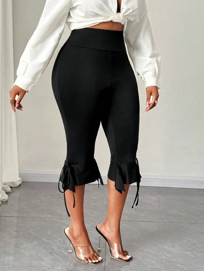 Plus Size Women's High Waist Capri Pants with Ruffle Hem & Tie Detail