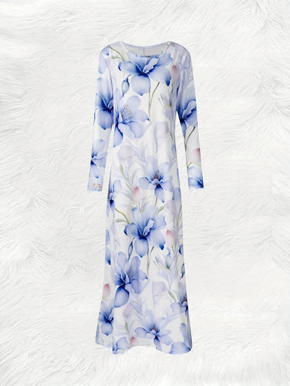 Printed Design casual style Blue Floral Pattern Print Dress women's dress
