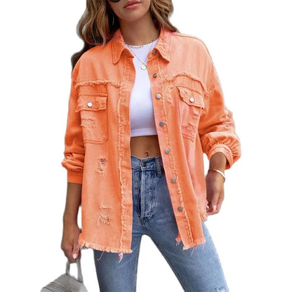 2025 Spring Autumn Shirt Style Denim Jacket Women Holes Raw-edges Jeancoat Casual Tops Female Oversize Loose Outerwear 7 Colors