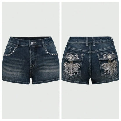 Summer Korean Sexy Low Waist Women Denim Short American Lady Y2K Elastic Slim Cotton Hot Jorts Female Embroidery Wrapping Jeans