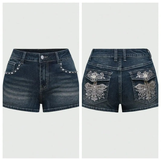Summer Korean Sexy Low Waist Women Denim Short American Lady Y2K Elastic Slim Cotton Hot Jorts Female Embroidery Wrapping Jeans