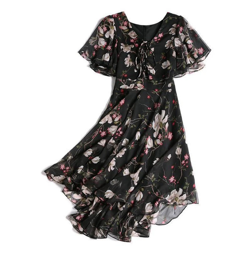 Women floral Chiffon Flower Dress 2026 trends new in Ladies Elegant V Neck short Sleeve korean style Summer Dress Female Clothes