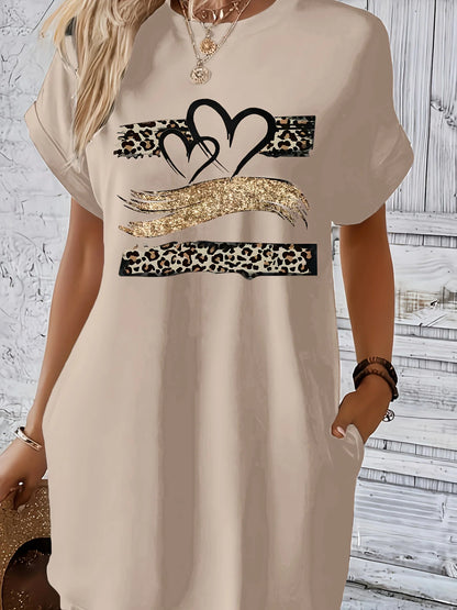 Women'S Casual Knit TShirt Dress with Heart  Print Crew Neck Short Sleeve Fashionable Top Black with Colorful Flag Design