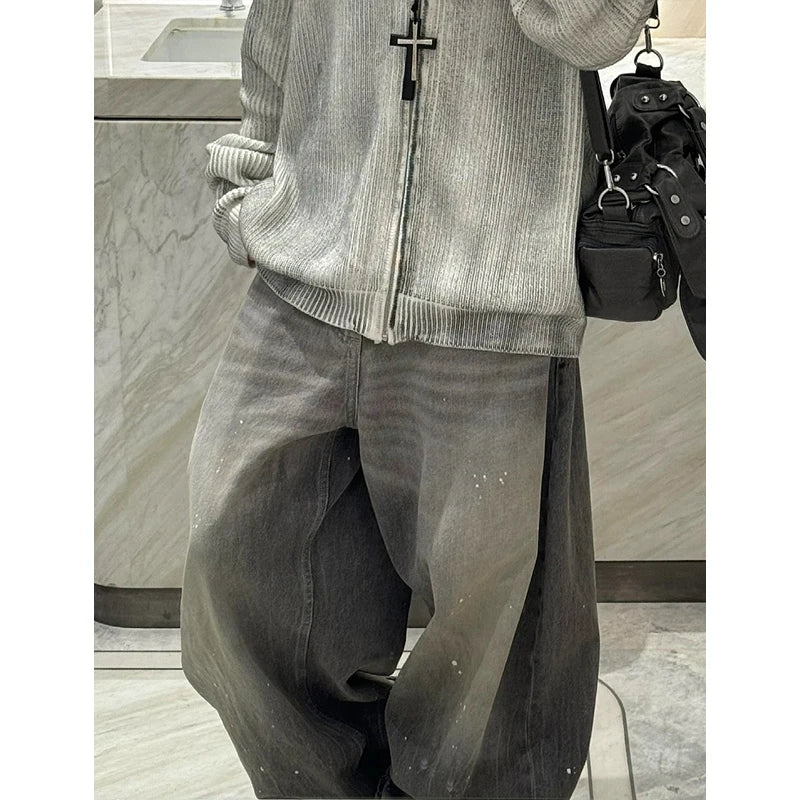 American Fashion New Gray Oversized Denim Pants Retro Wash Loose High Waist Trousers Harajuku Simple Casual Wide Leg Jeans