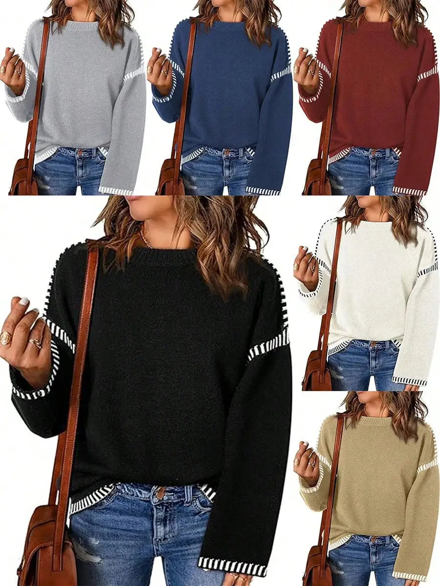 Sweaters For Women Fashion Solid Crewneck Pullover Loose Fit Long Sleeve Contrast Cable Knit Sweater Jumper Top