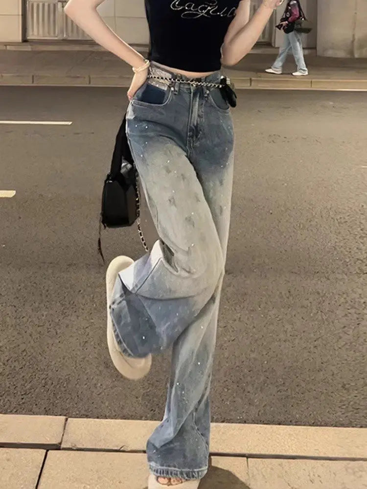 Blue Womens Jeans High Waist Shot Denim Pants for Women Straight Leg Trousers Stylish Wholesale Medium Wash Trend 2025 Original