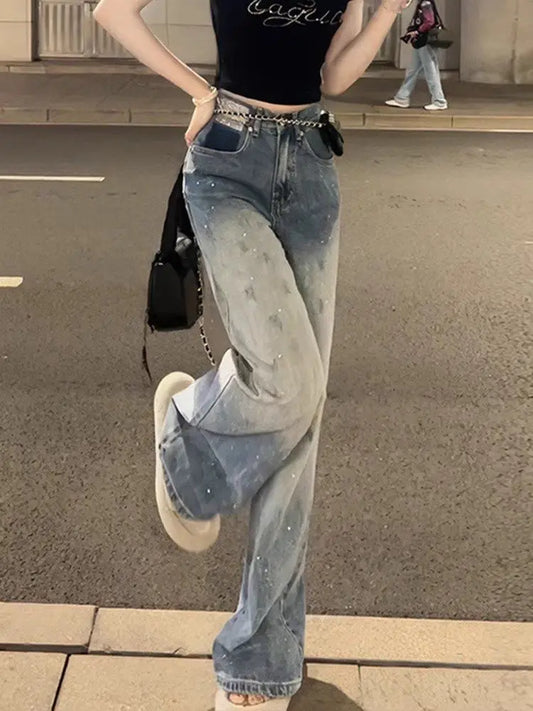 Blue Womens Jeans High Waist Shot Denim Pants for Women Straight Leg Trousers Stylish Wholesale Medium Wash Trend 2025 Original