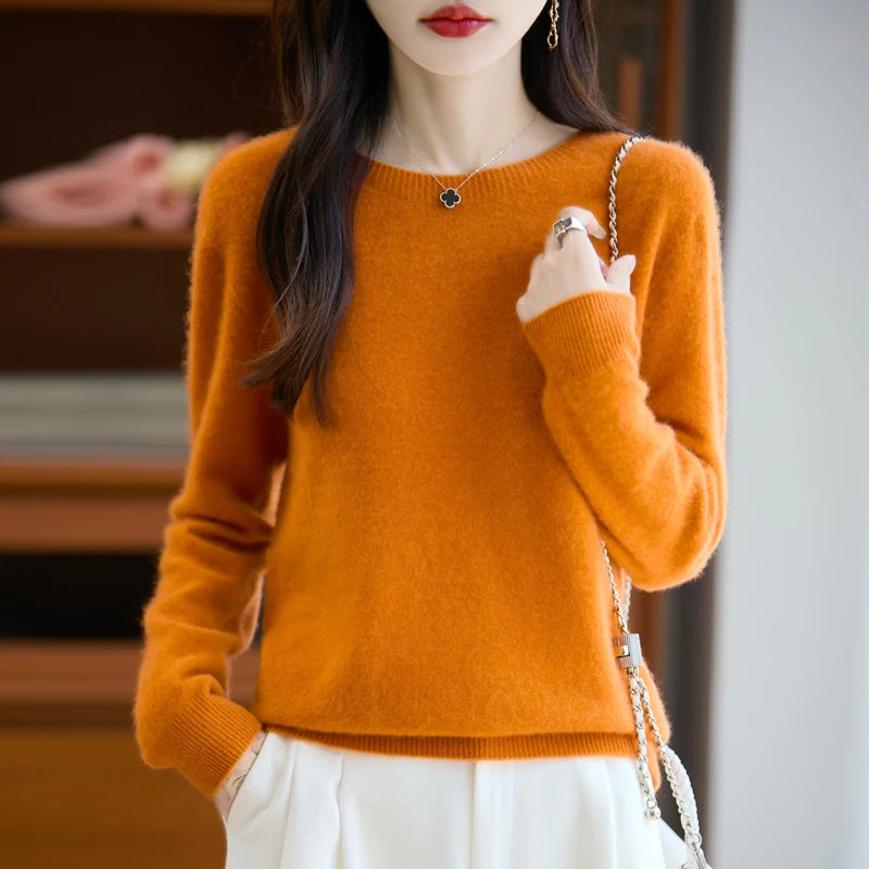 Women 100% Merino Wool Sweater New Fashion O-Neck Pullover Tops Basic Jumper Autumn Winter Woman Cashmere Sweater Knitted Blouse