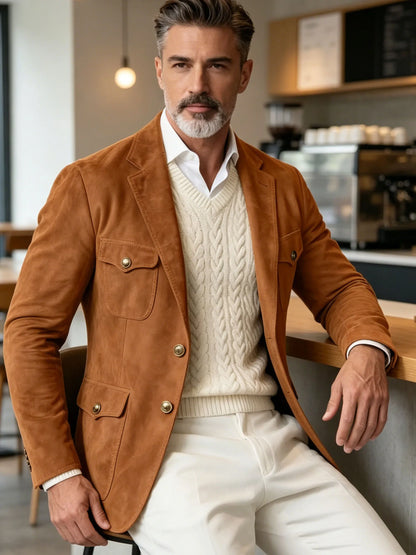 1970s Men's Suede Blazer Retro Slim Fit Two Buttons Multi Pocket High Quality Jacket Fashion Casual Sport Coat For Daily Wear