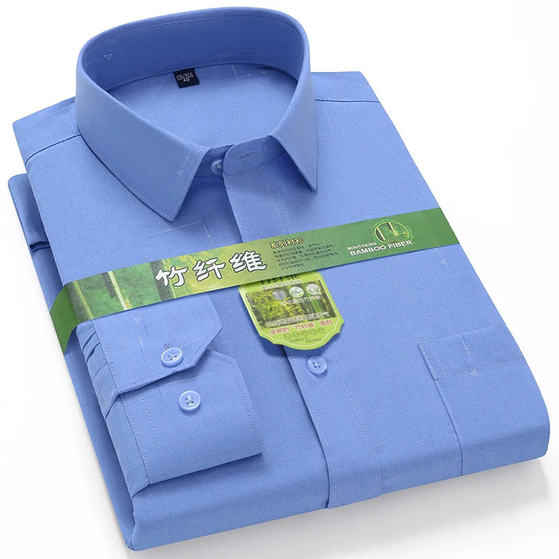 Bamboo Fiber Mens Business Shirt Long Sleeve Casual Plaid Print Stripe Fashion Anti-Wrinkle Button Up Social Oversized S-7XL 5XL
