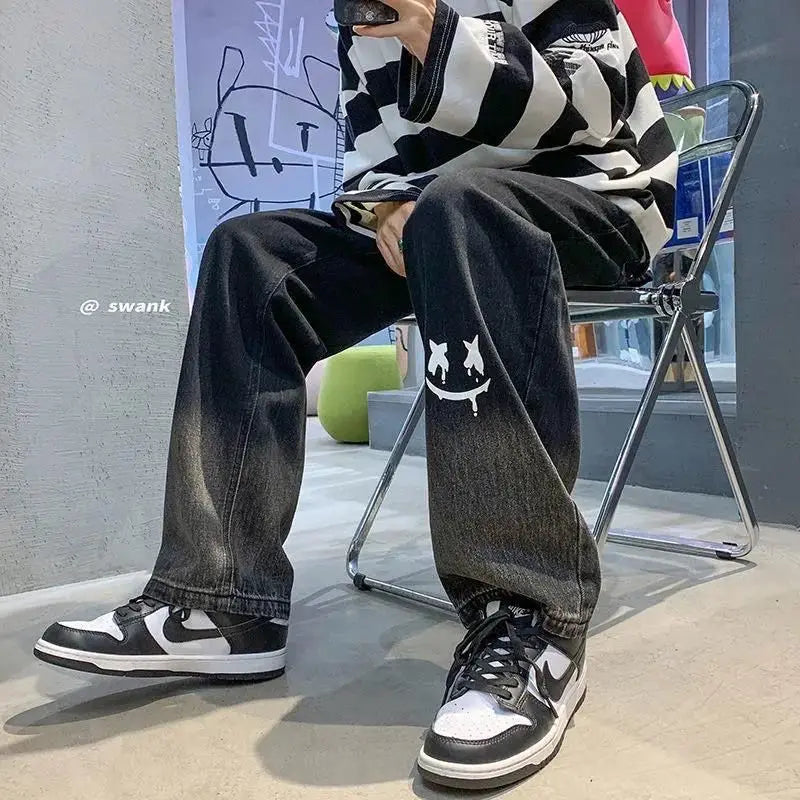 Harajuku Smile Print Baggy Pants Men Streetwear Wide Leg Oversize Jeans Vintage Y2k