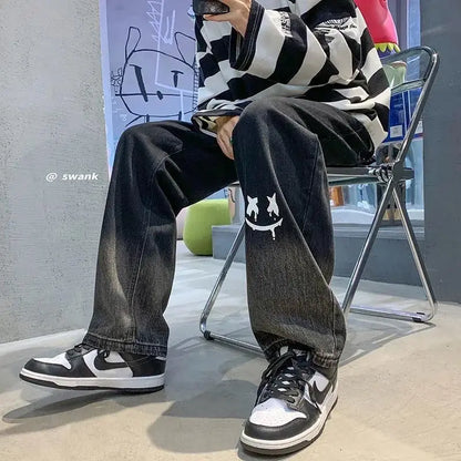 Harajuku Smile Print Baggy Pants Men Streetwear Wide Leg Oversize Jeans Vintage Y2k