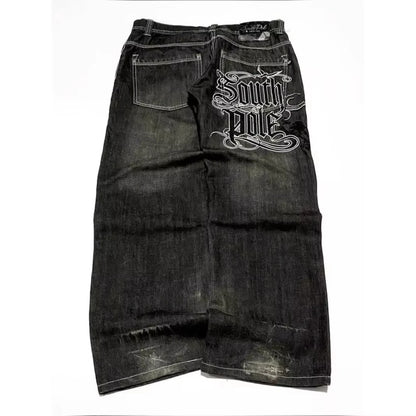 American Y2K Street Trend Letter Embroidered Loose Jeans Men Harajuku New Hip Hop Oversized Wide-leg Pants