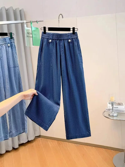 Women Plus Size Lightweight Lyocell Straight Jeans Casual Wide Leg Ninth Pants For Curvy Ladies 0266