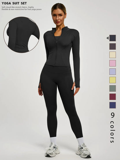 Fitfemme 2Pcs Women's Spring Yoga Sport Suit High Waist Legging Jacket Lifting Running Pants Outdoor Set