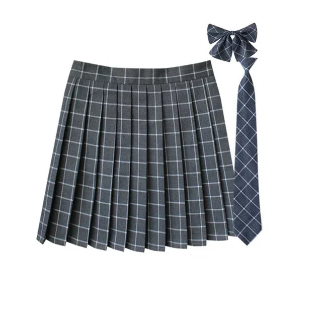 Women Summer Plaid Pleated Skirt With Necktie Bowtie Korean Jk Skirt Uniform Japanese School Preppy A Line Mini Skirts