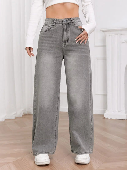 Trendy Wide Leg Distressed Straight Jeans for Women Elastic Casual Bootcut Denim Pants Bestseller Fashionable Ladies Jeans