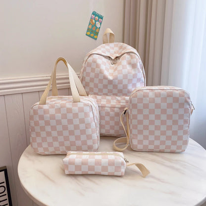 Checkerboard 4Pcs Backpack Set Crossbody &handbag &Pen Case Stitching Multi Pocket Adjustable Straps