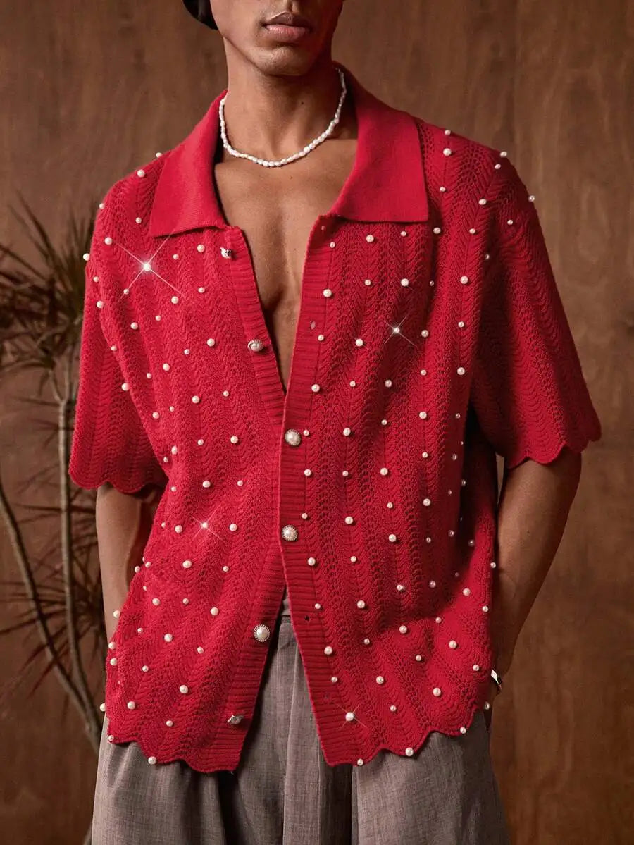 Mens Black Knitted Pearl Decor Casual Shirt Short Sleeve Button Up Summer Party Wear
