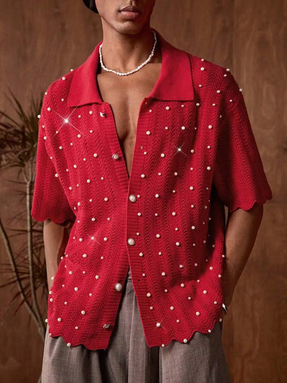 Mens Black Knitted Pearl Decor Casual Shirt Short Sleeve Button Up Summer Party Wear