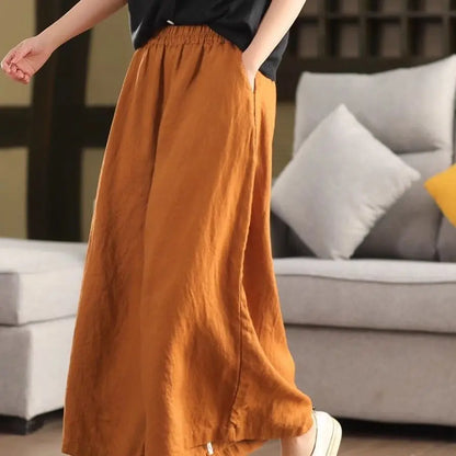 Plus Size Women's Casual Retro Elastic Waist Wide Leg Women's Clothing Cotton Linen Comfortable Office Lady