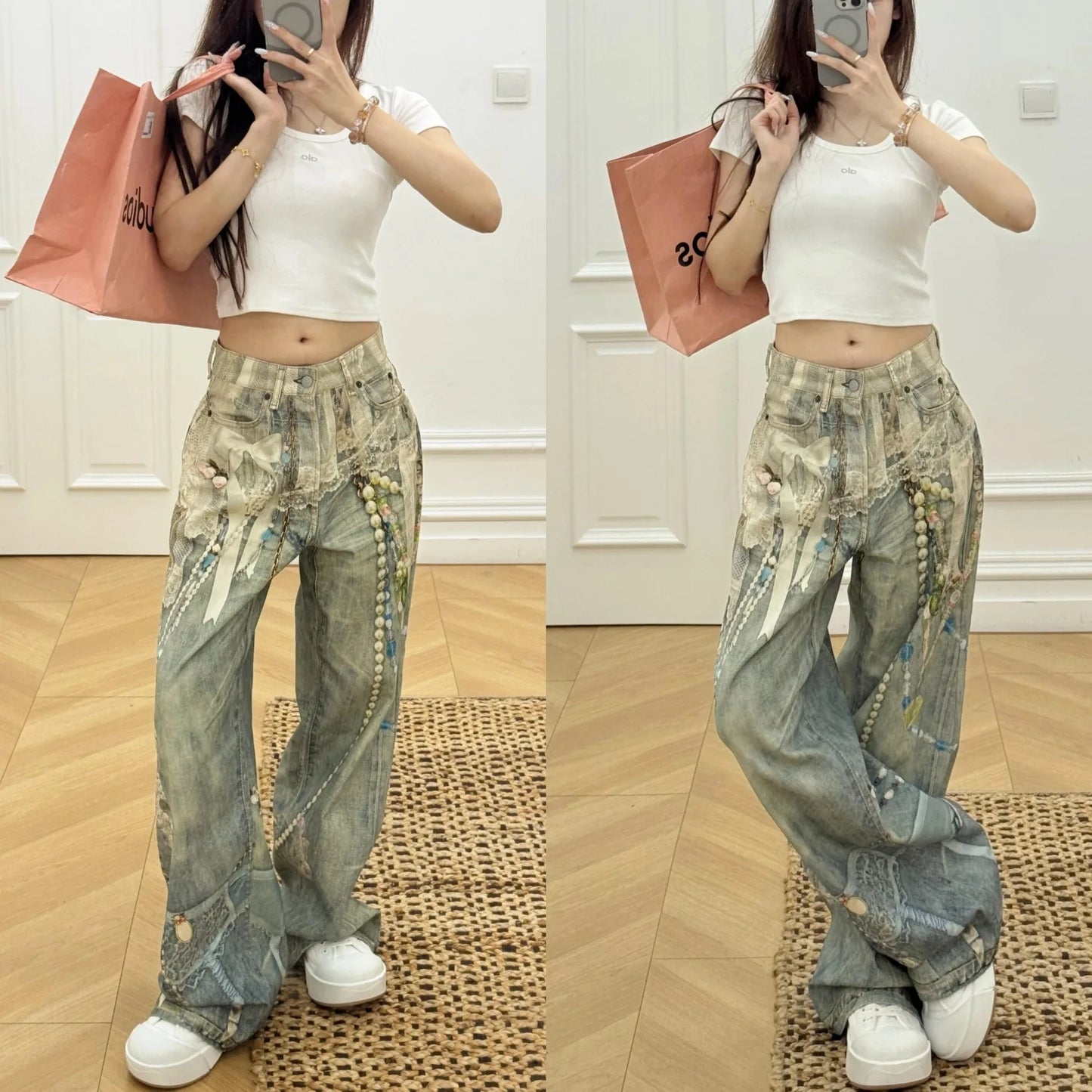 Y2k Jeans Baggy Fashion New Product 3D Printed Lace Pearl Chain Straight Tube Women Pants High Waisted Jeans Pants for Woman