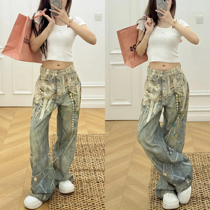 Y2k Jeans Baggy Fashion New Product 3D Printed Lace Pearl Chain Straight Tube Women Pants High Waisted Jeans Pants for Woman