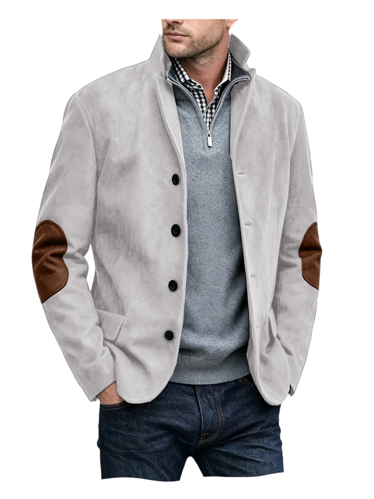 Vintage Men's Suede Blazer Notch Lapel Elbow Patches Slim Fit Jacket Business Casual Men Fashion Outerwear for Spring Autumn