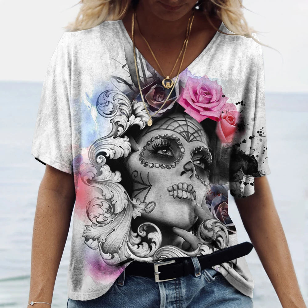 Skulls T-shirt Women's Shirt Fashion Short Sleeve New Casual Top Tee Ladies Girl Clothing V Neck T Shirt For Women