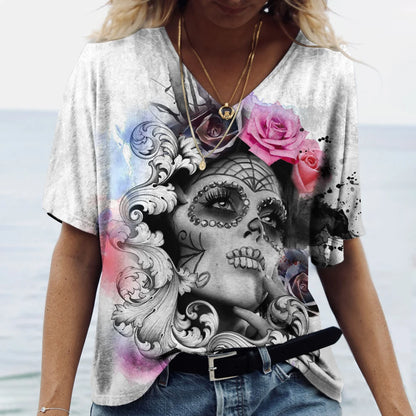 Skulls T-shirt Women's Shirt Fashion Short Sleeve New Casual Top Tee Ladies Girl Clothing V Neck T Shirt For Women