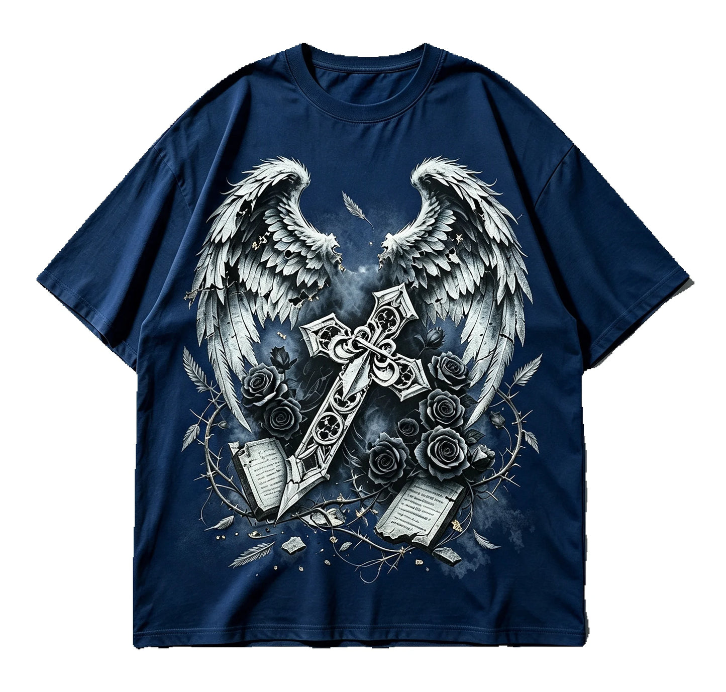 Vintage Gothic Angel Wings Cross Rose Graphic T Shirt Men Women Dark Aesthetic Streetwear Short Sleeve Casual Tee