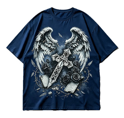 Vintage Gothic Angel Wings Cross Rose Graphic T Shirt Men Women Dark Aesthetic Streetwear Short Sleeve Casual Tee